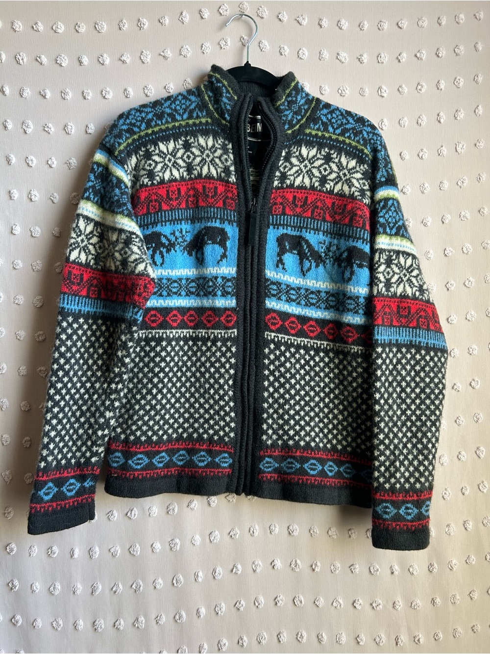 Obermeyer Women’s Fritzi Wool Fair Isle Zip Up Sweater Sz M Black Blue